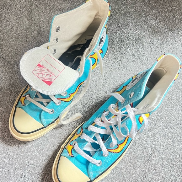 Golf la Fluer Chuck Taylor Blue High-Top with Yellow and Red flame Design